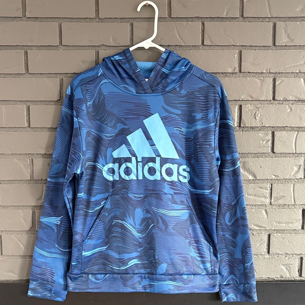 Adidas Blue Camouflage Logo Hoodie - Size XL (14/16)